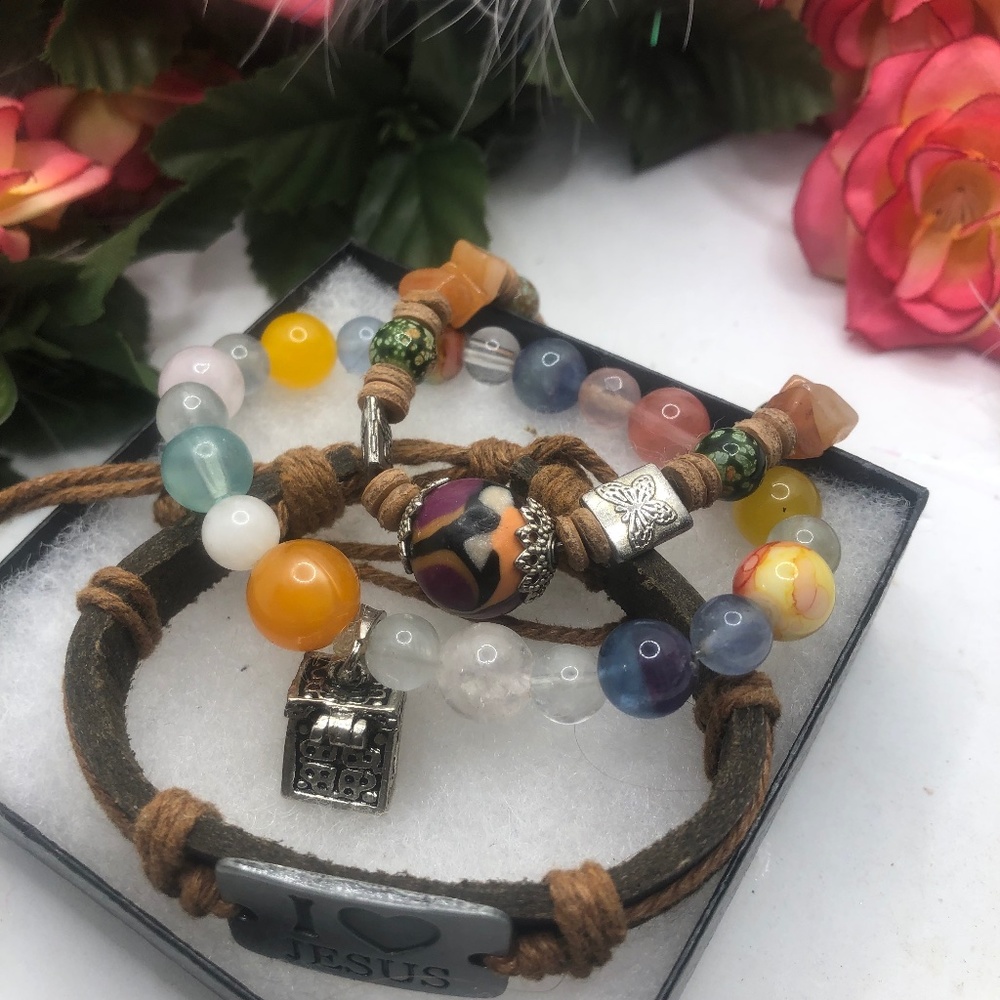 I Love Jesus charm on leather beaded bracelets